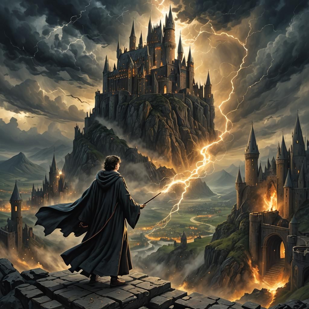 Heroic Harry Potter in Dark Fantasy Landscape