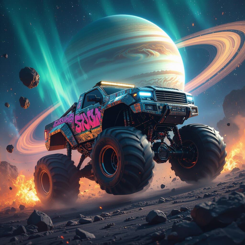Cyberpunk Monster Truck Soaring Through Jupiter's Rings