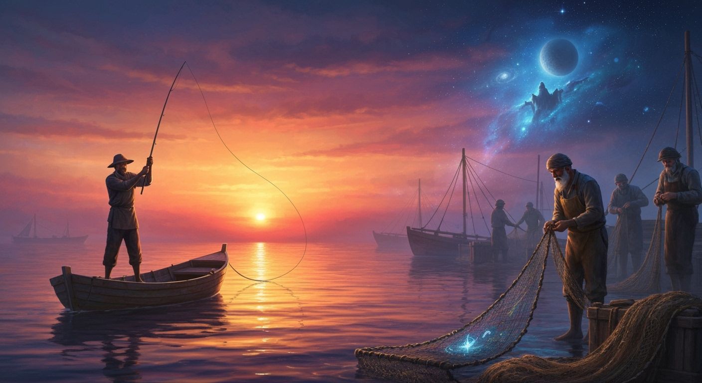 Cosmic Fisherman in Starlight Robes, Galactic Sunset