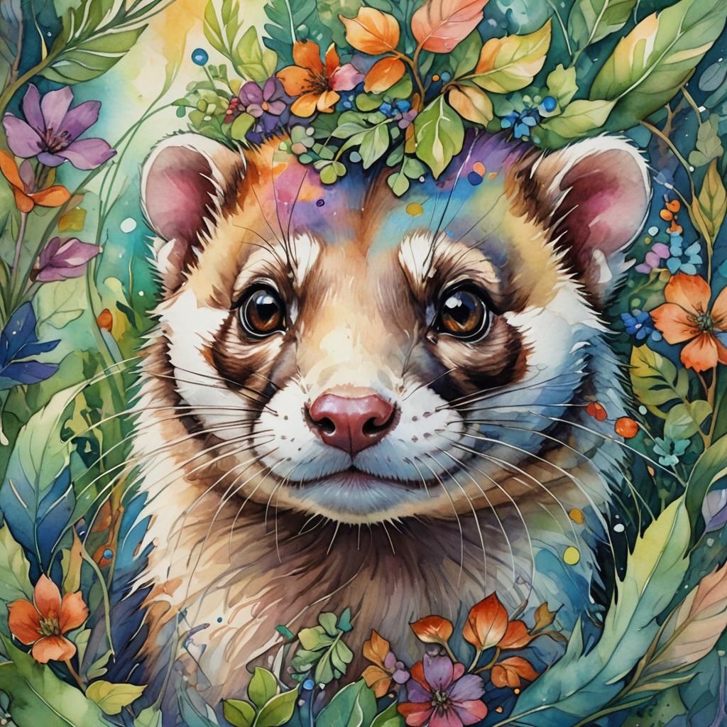 Rainbow Ferret Portrait in Watercolor, Art Nouveau Style