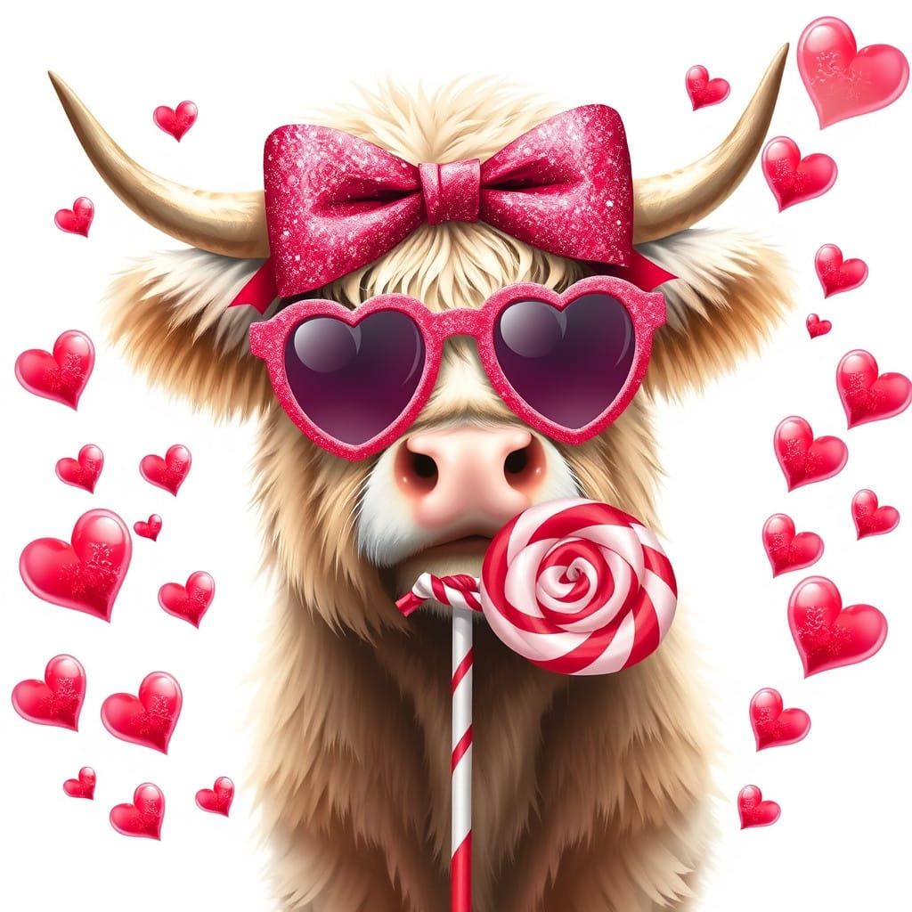 Whimsical Highland Cow in Heart-Shaped Sunglasses and Red Bo...