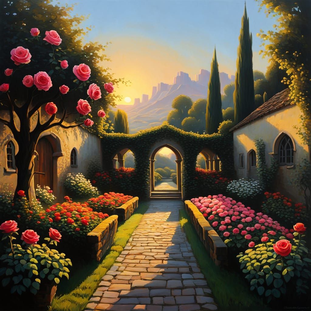Medieval Rose Garden at Sunrise: Cartoon Oil Painting