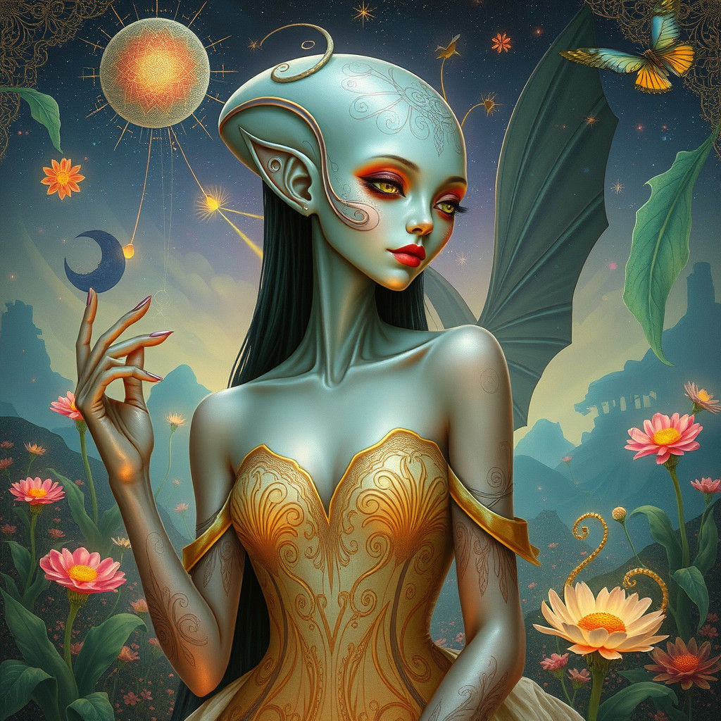 Ethereal Alien Woman in Art Nouveau Dreamscape