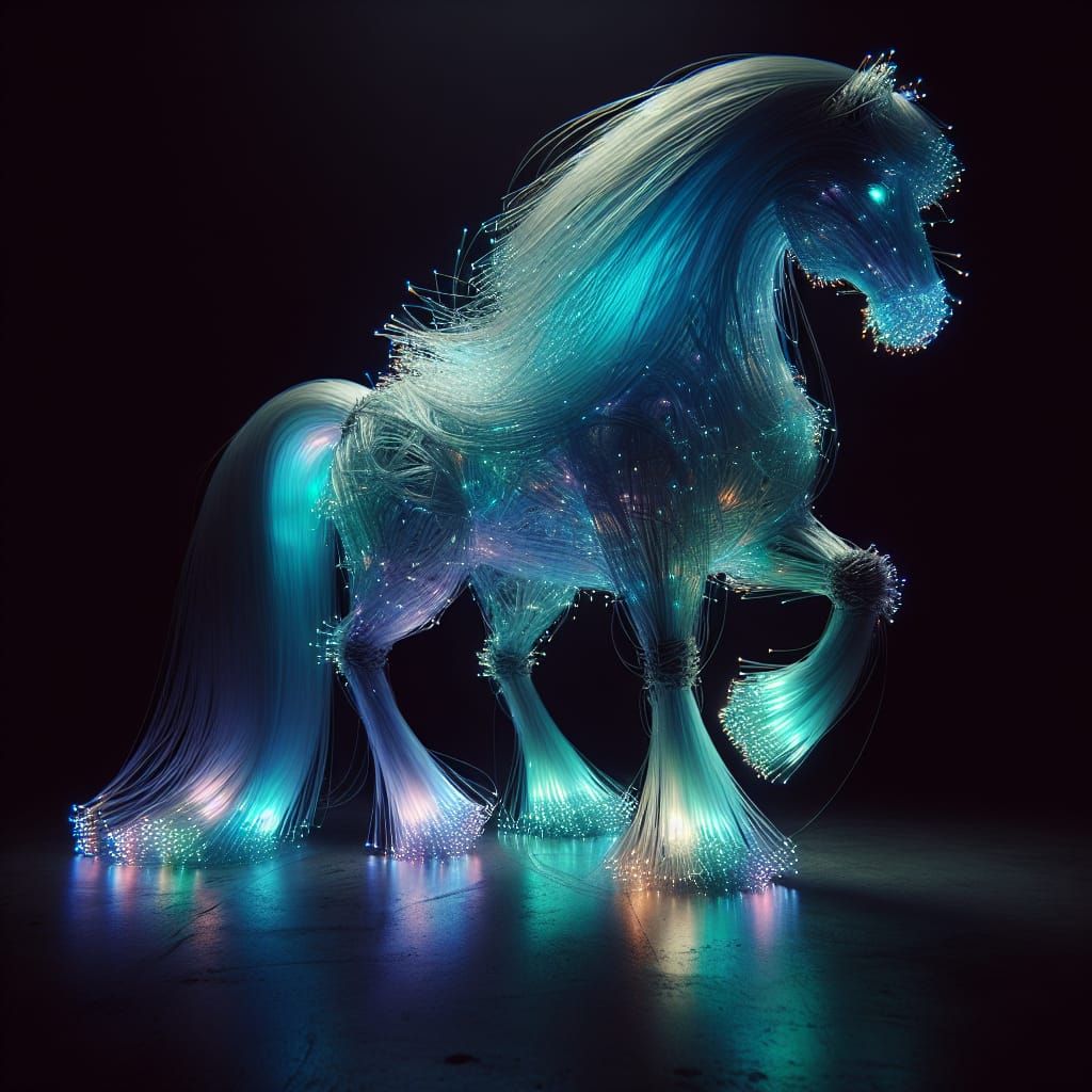 An intricate, glowing sculpture of a horse, made entirely ou...