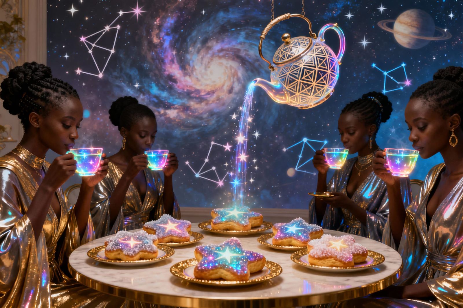 Afrofuturistic Muses Enjoying Neon Tea Party