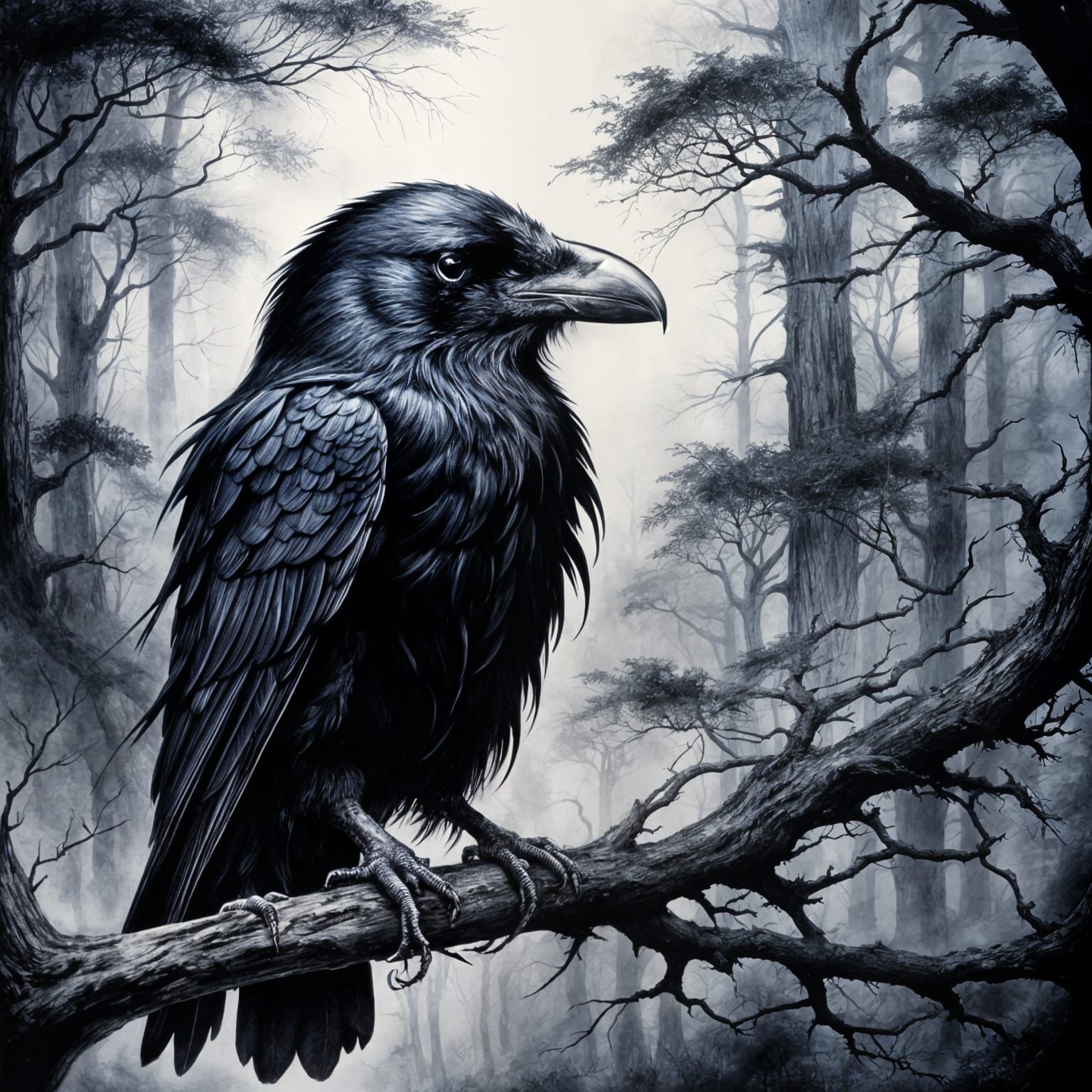 Fluffy Raven Perched on Twig Ink Painting