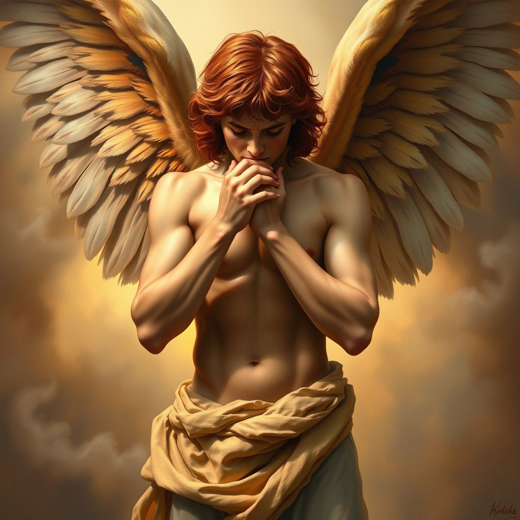 Lucifer Weeping with Angel Wings as Oil Painting