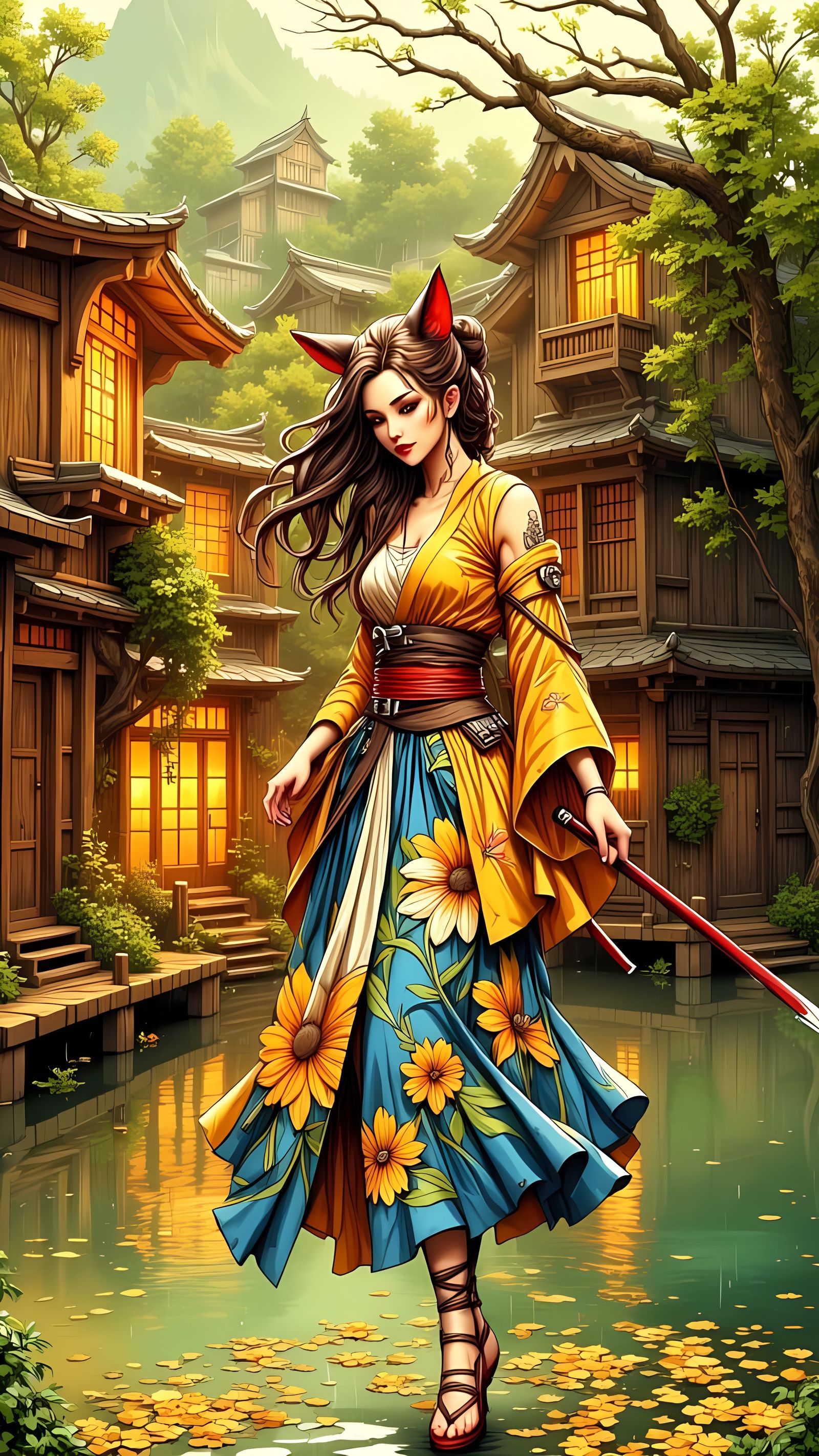 Woman Samurai Dancing in Rain, Final Fantasy Style