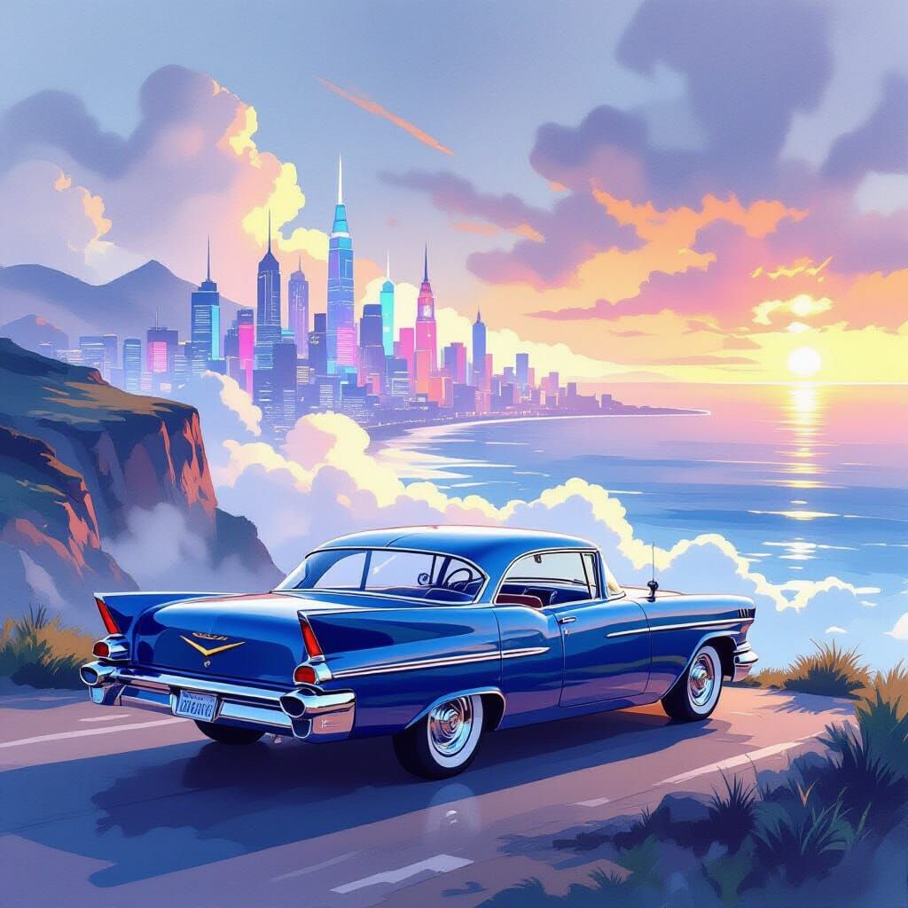1960s Car on Cliff Above Futuristic Cityscape in Watercolor ...