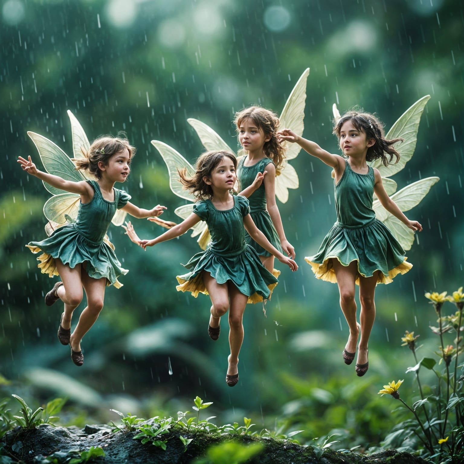 Cinematic Macro Image of Fairies Flying After Rain