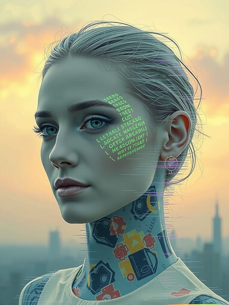 Woman in Pixelated Attire in Glitch Art Style