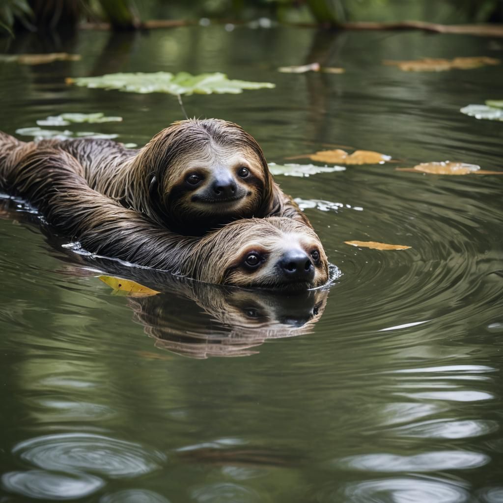 Sloth Swimming in Serene Lake: Nature Photography