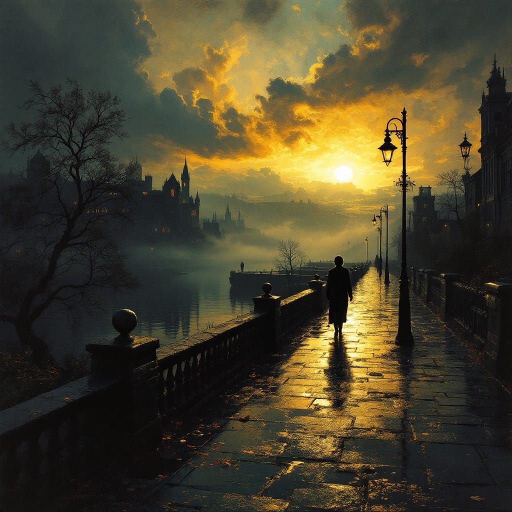Romantic Landscape Painting with Dramatic Silhouettes