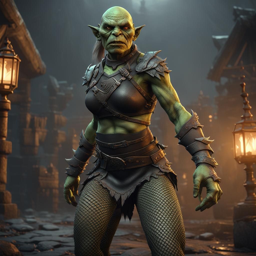 Epic Female Orc in Cyberpunk Attire