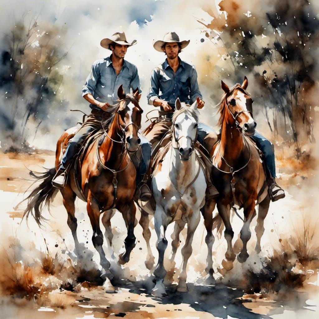 Cowboy Rides Two Horses in Antique Watercolor Style