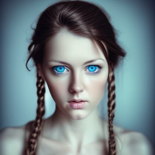 Hyperrealistic Woman with Brown Hair and Blue Eyes