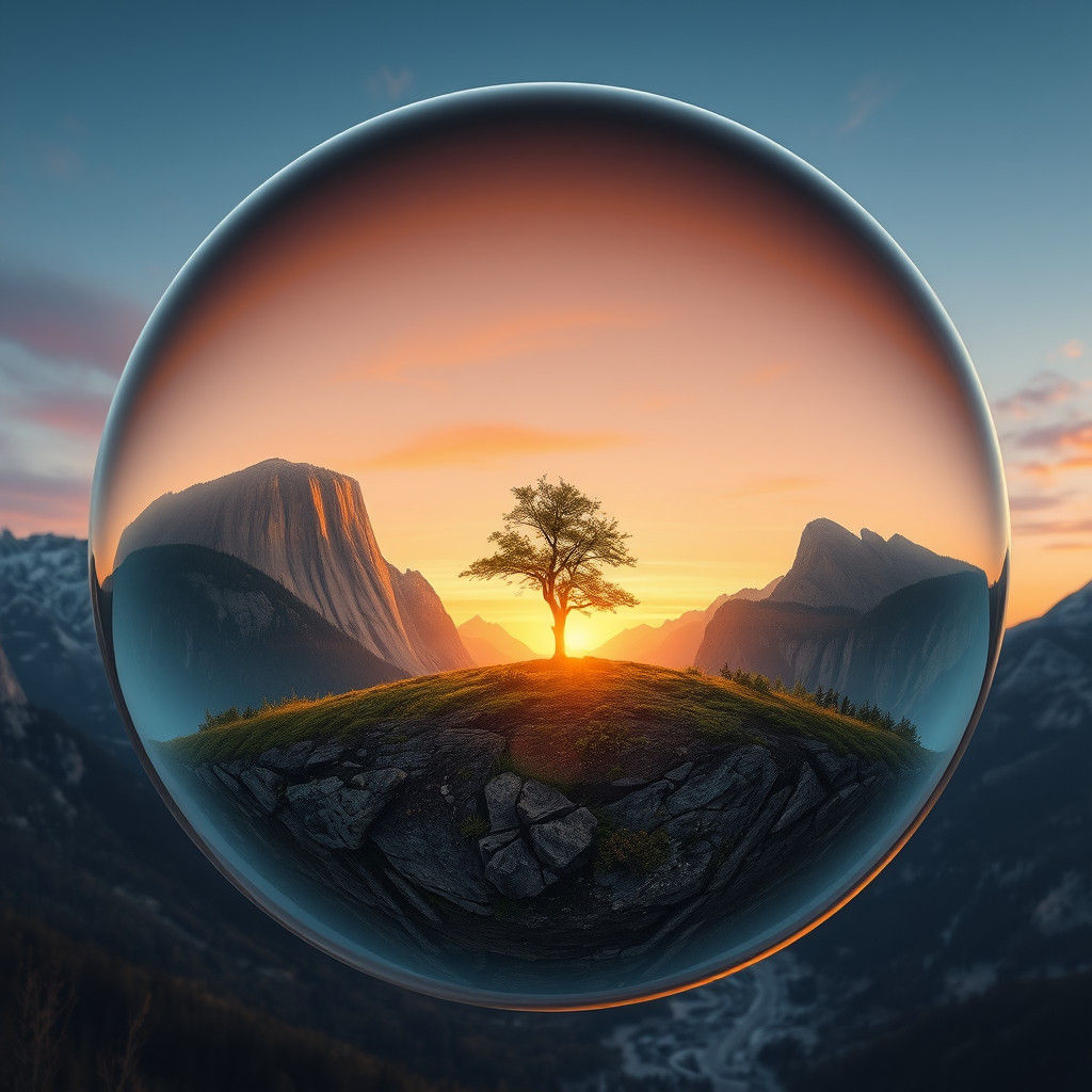 Crystal Ball Reflecting Valley Sunset in Matte Painting