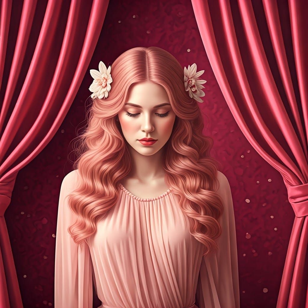 Rosy Woman in Pink Drapery, Dreamlike Art