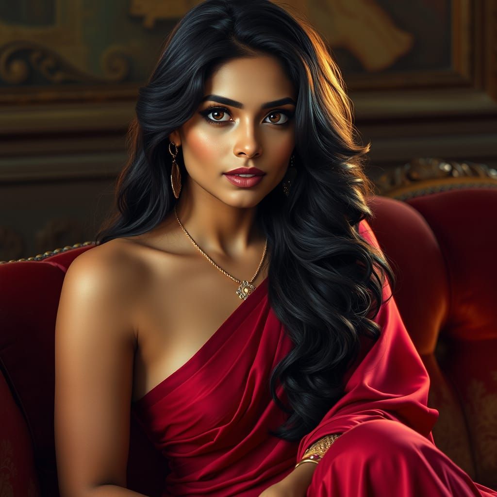 Stunning Indian Woman Poses on Ornate Velvet Sofa