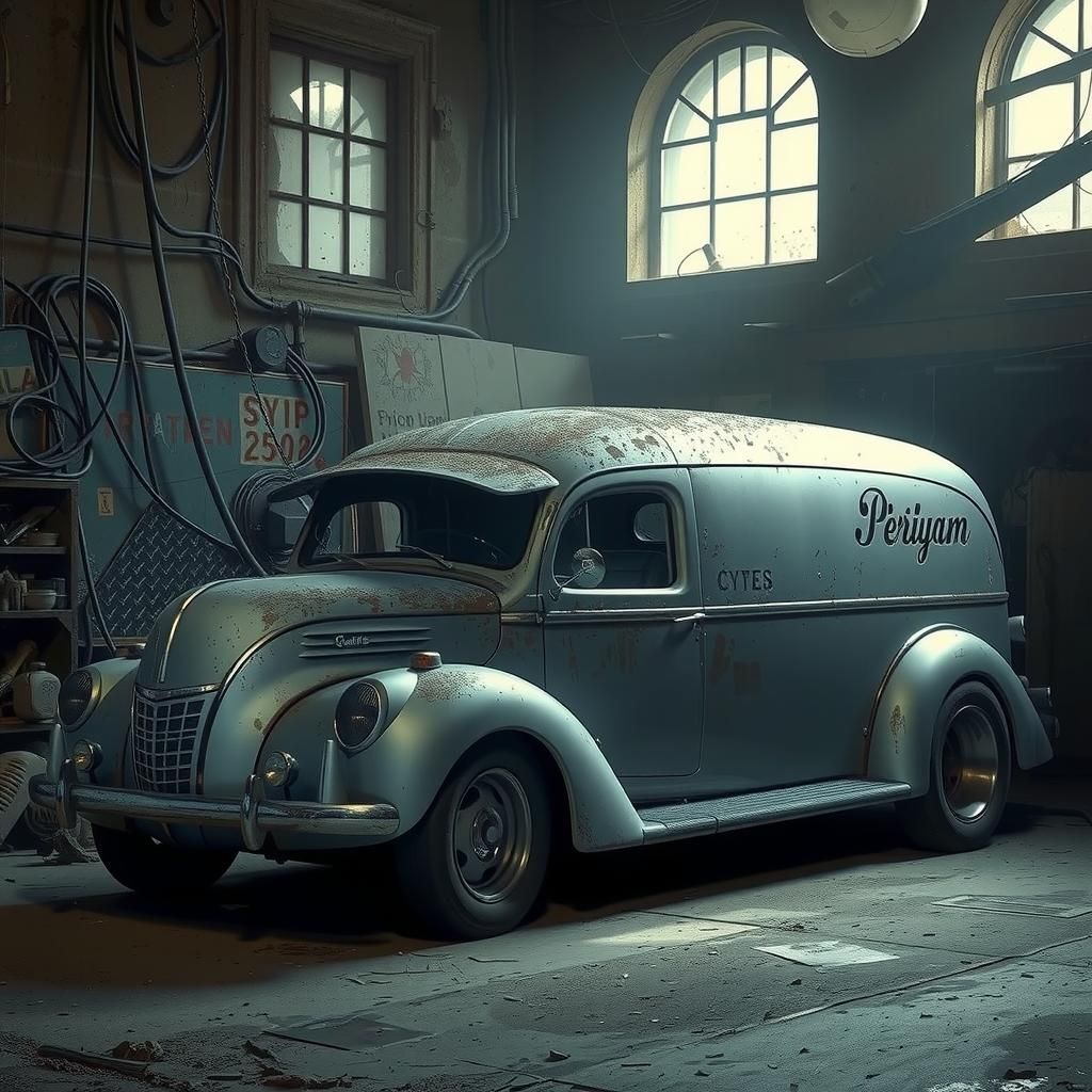 Retro-Futuristic 1940s Pickup Truck in Old Garage