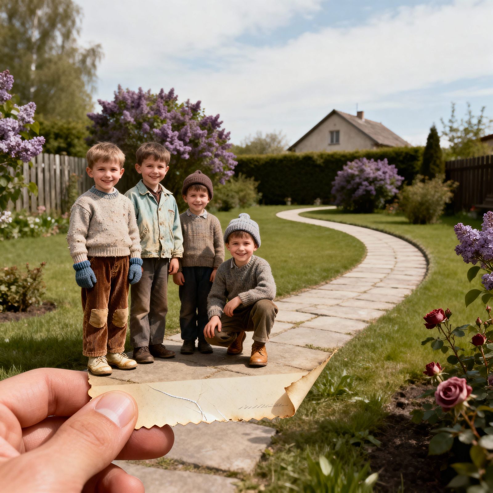 Vintage Sepia Photo of Polish Children in Garden