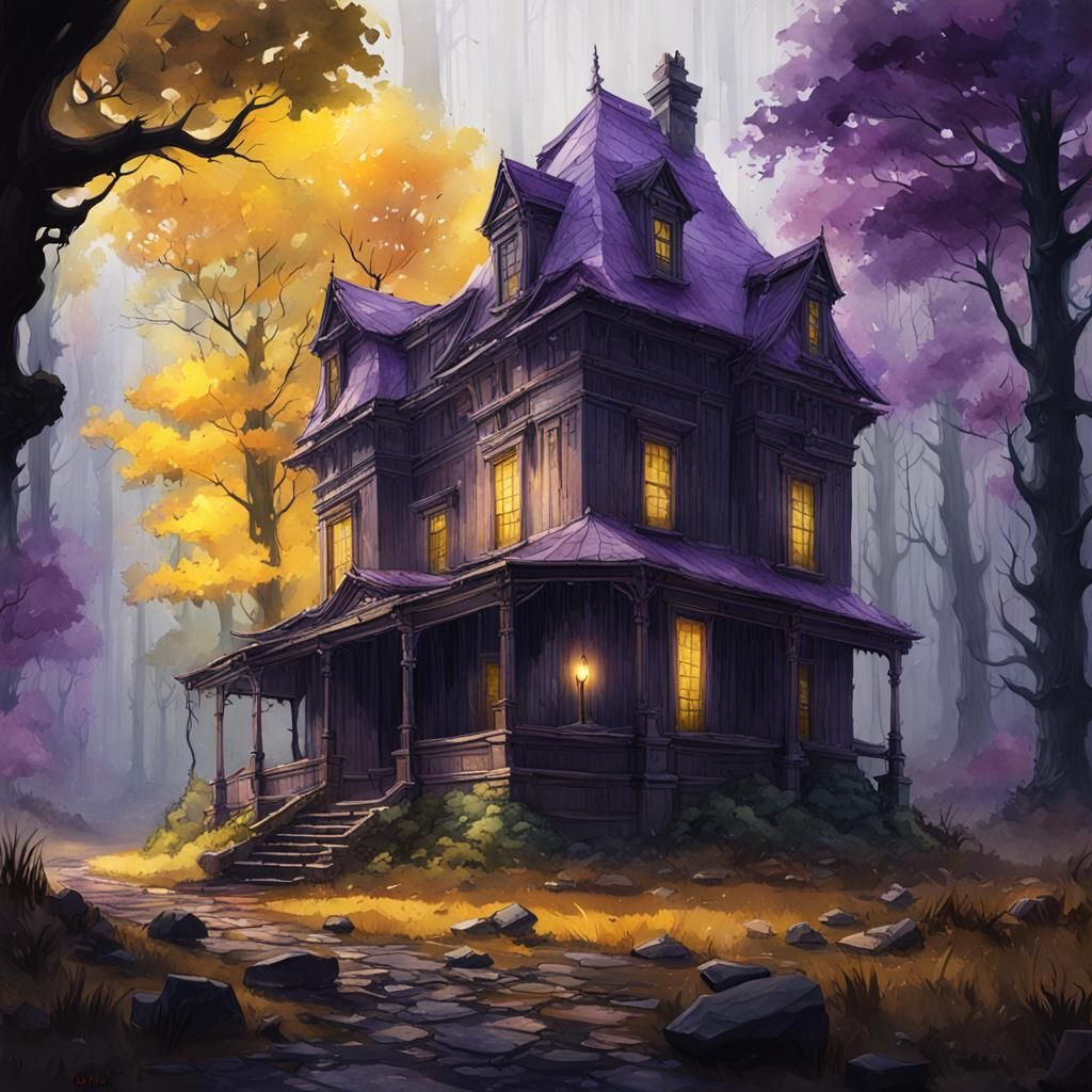Watercolor of Abandoned House in Dark Forest