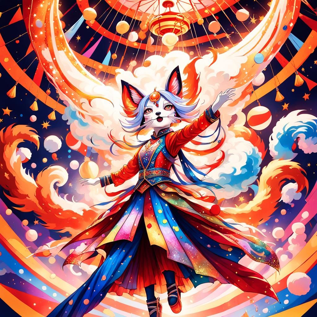 Kitsune Circus Performer in Japanese Pop Art Style