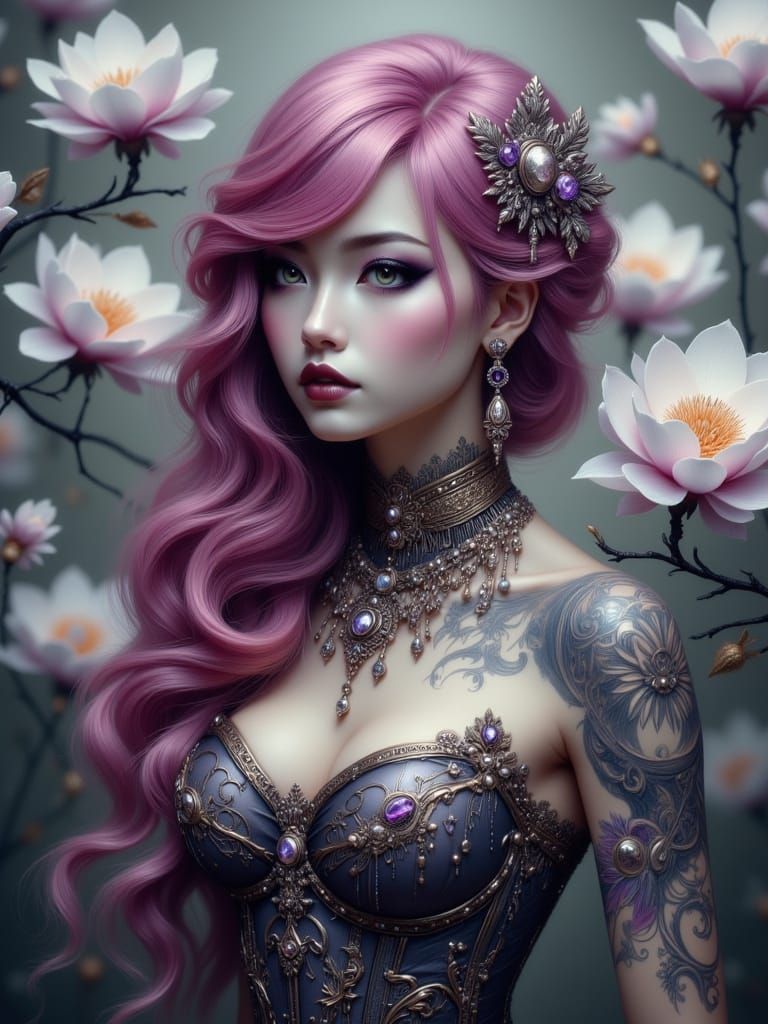 Asian Woman with Pink Hair and Floral Tattoo