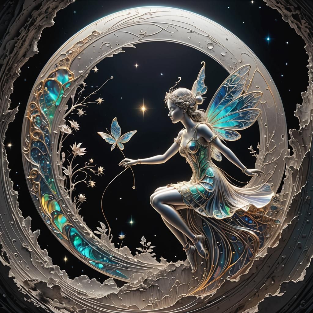 Iridescent Fairy Line Drawing on the Moon