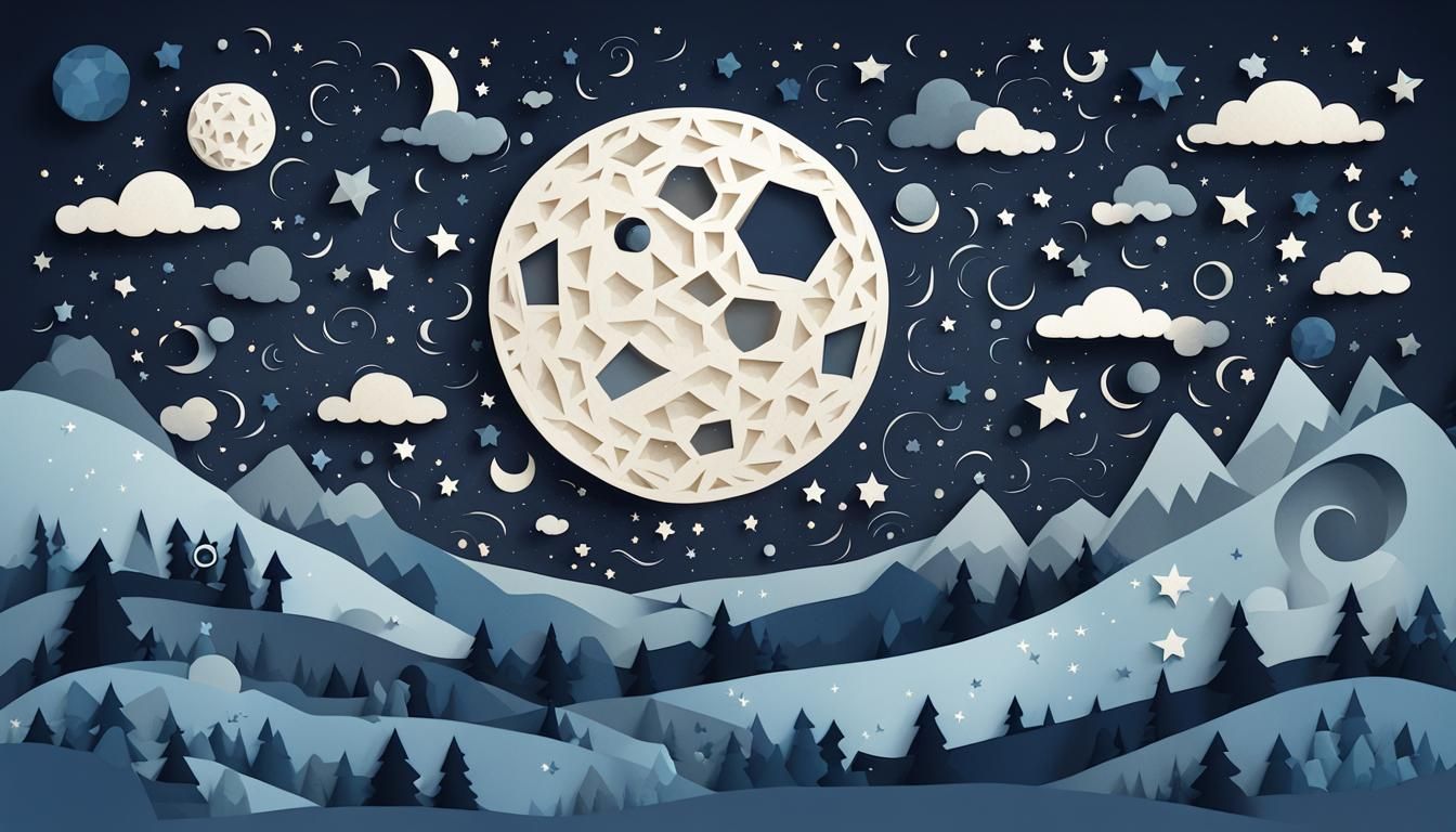 Whimsical Papercut Cartoon of a D20 Moon