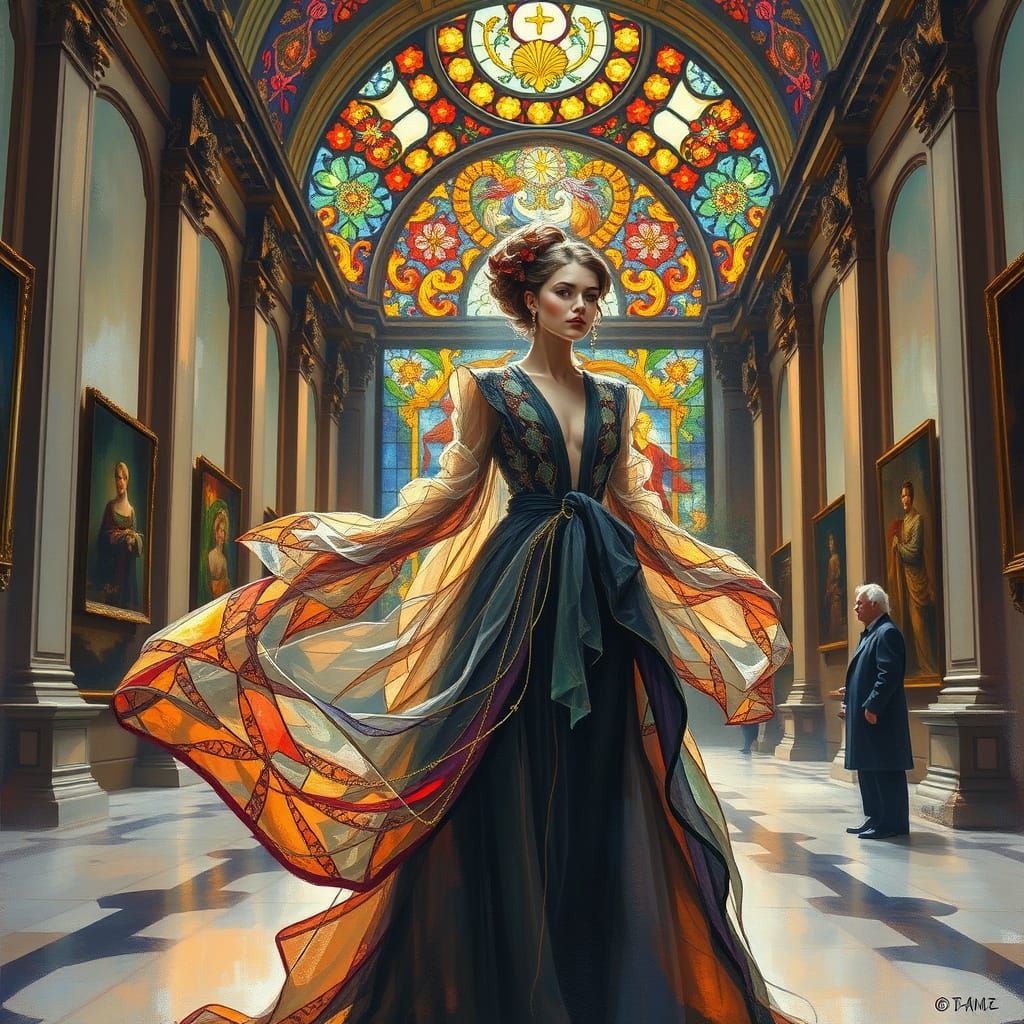 Epic Stained Glass Fashion Masterpiece in Impressionist Styl...