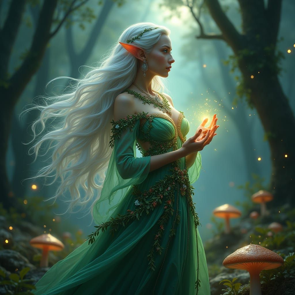 Enchanted Elven Woman in Twilight Forest