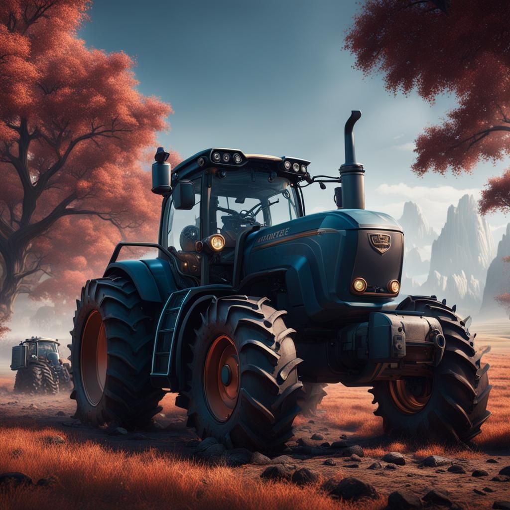 Futuristic Tractor in Field: Detailed Matte Painting