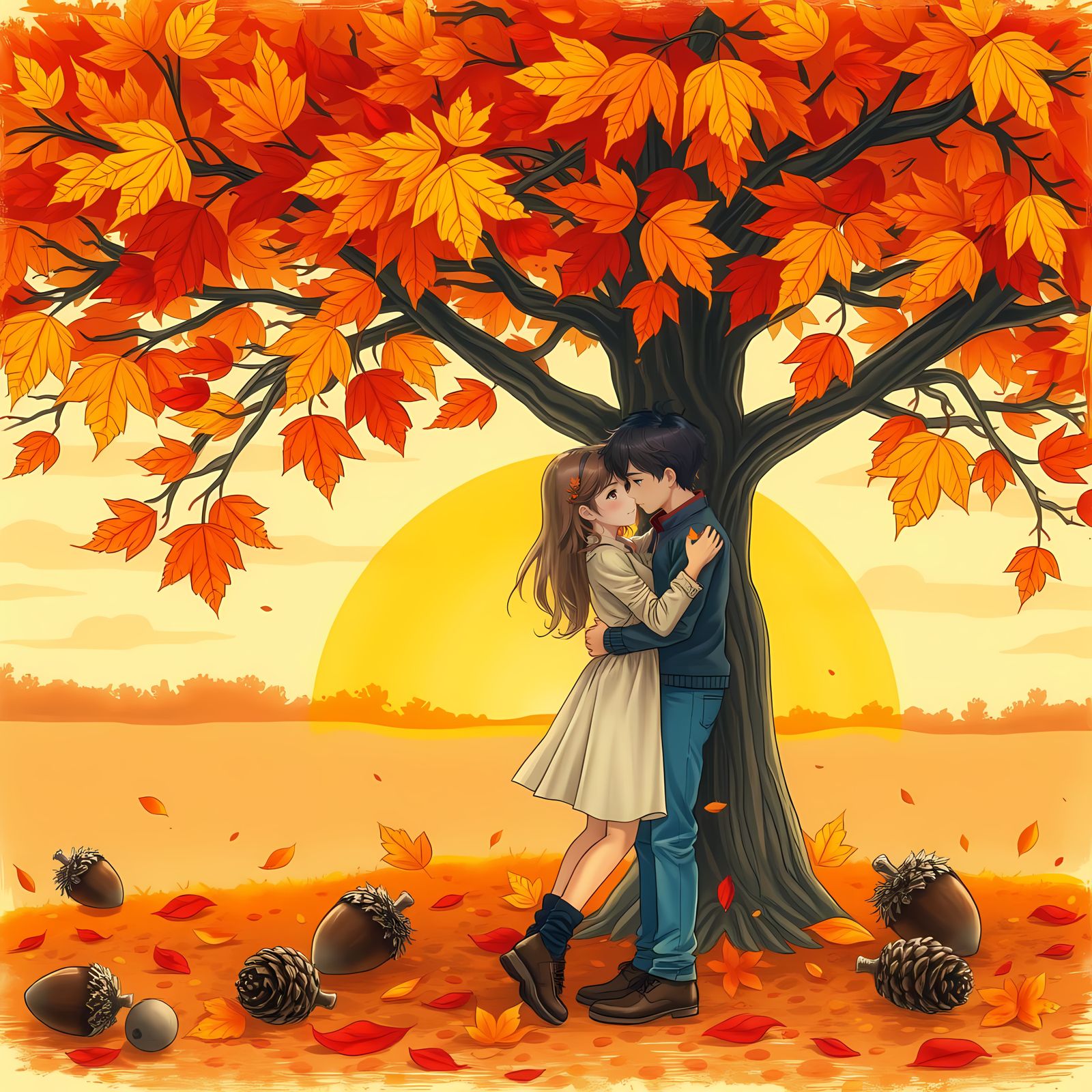 Romantic Anime Couple Under Autumn Tree at Sunset