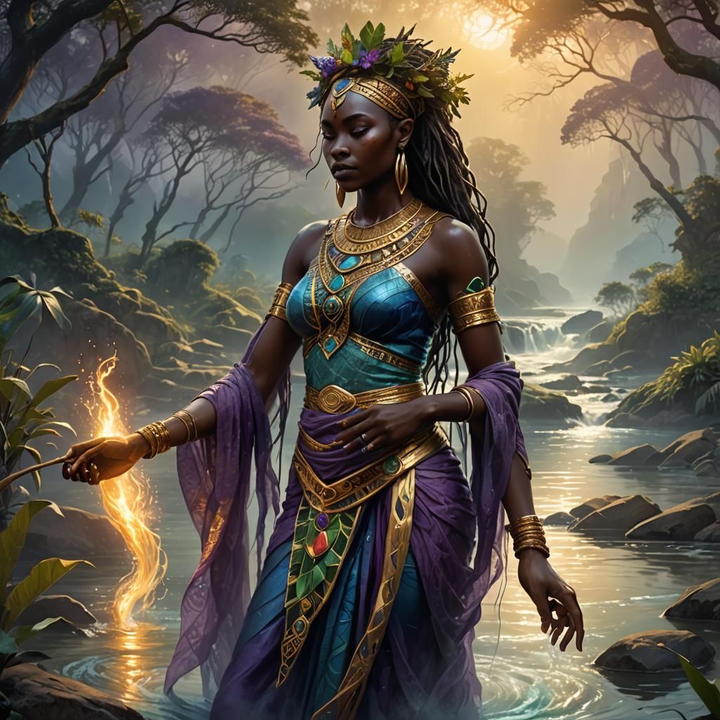 African River Goddess Fantasy Art in Afrofuturist Style