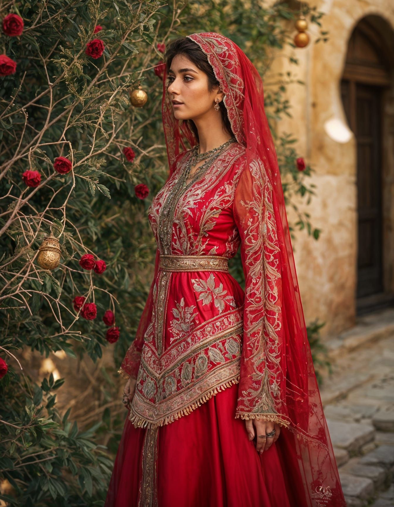 Palestinian Woman in Traditional Embroidered Dress