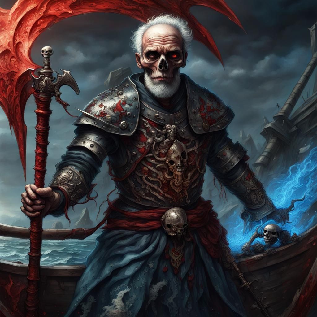 Armored Old Man with Scythe on Haunted Ship