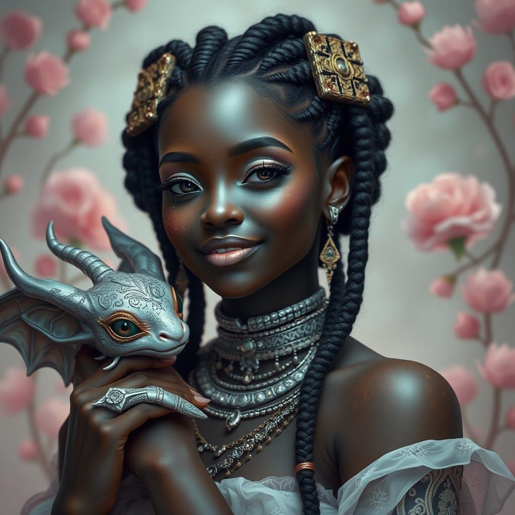 Ebony Woman and Mythical Creature in Digital Painting