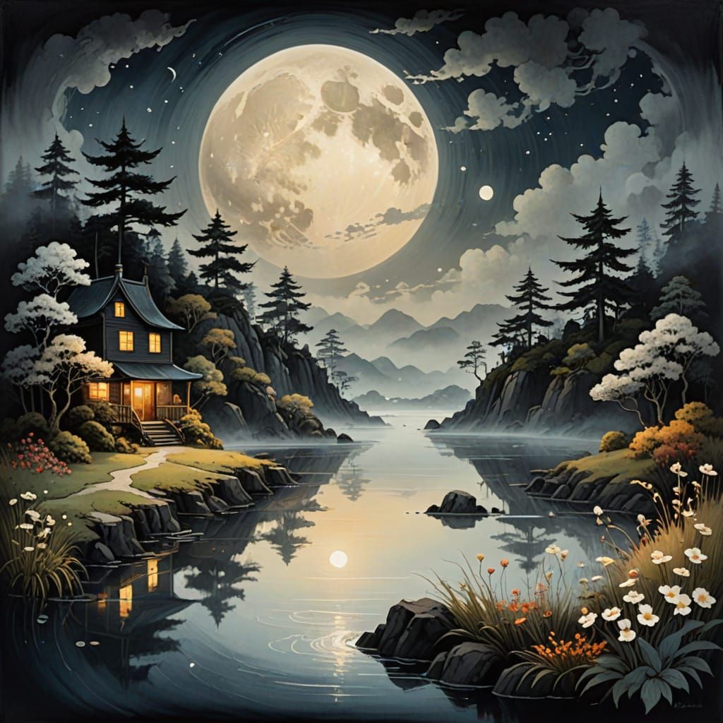 Surreal Yin Yang Sun Moon with Steampunk Cities