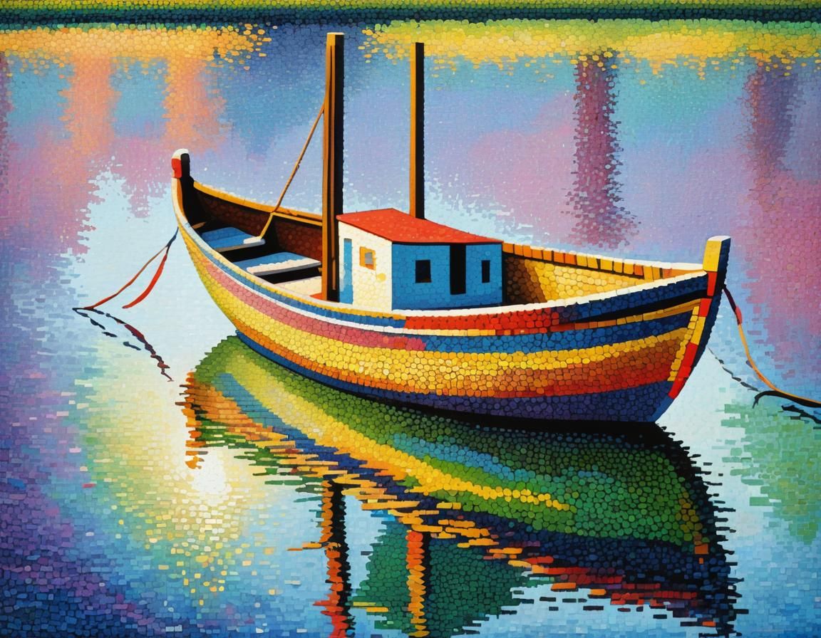 Seine River Boat in Pointillism Style