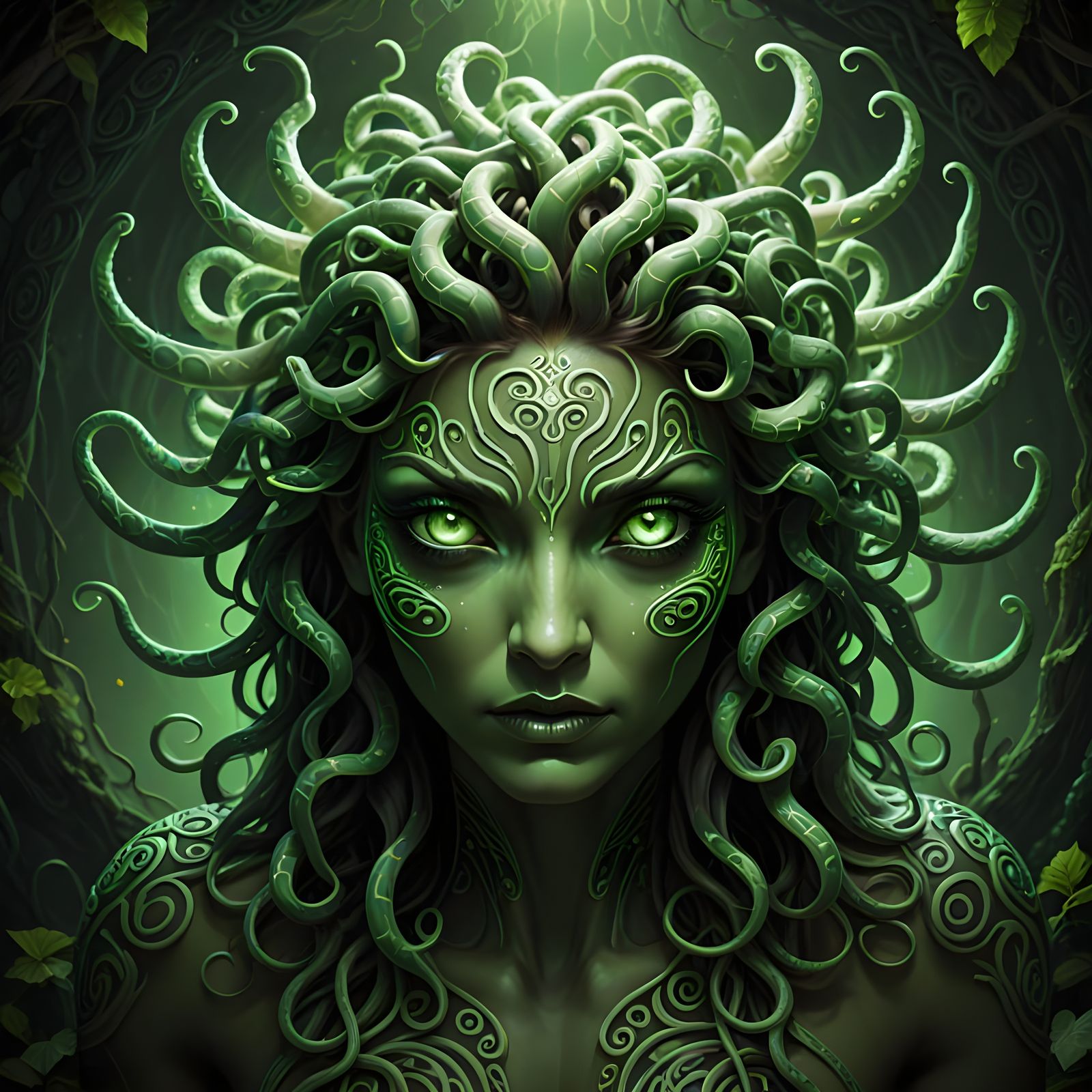 Glowing Medusa Creature with Hypnotic Green Eyes