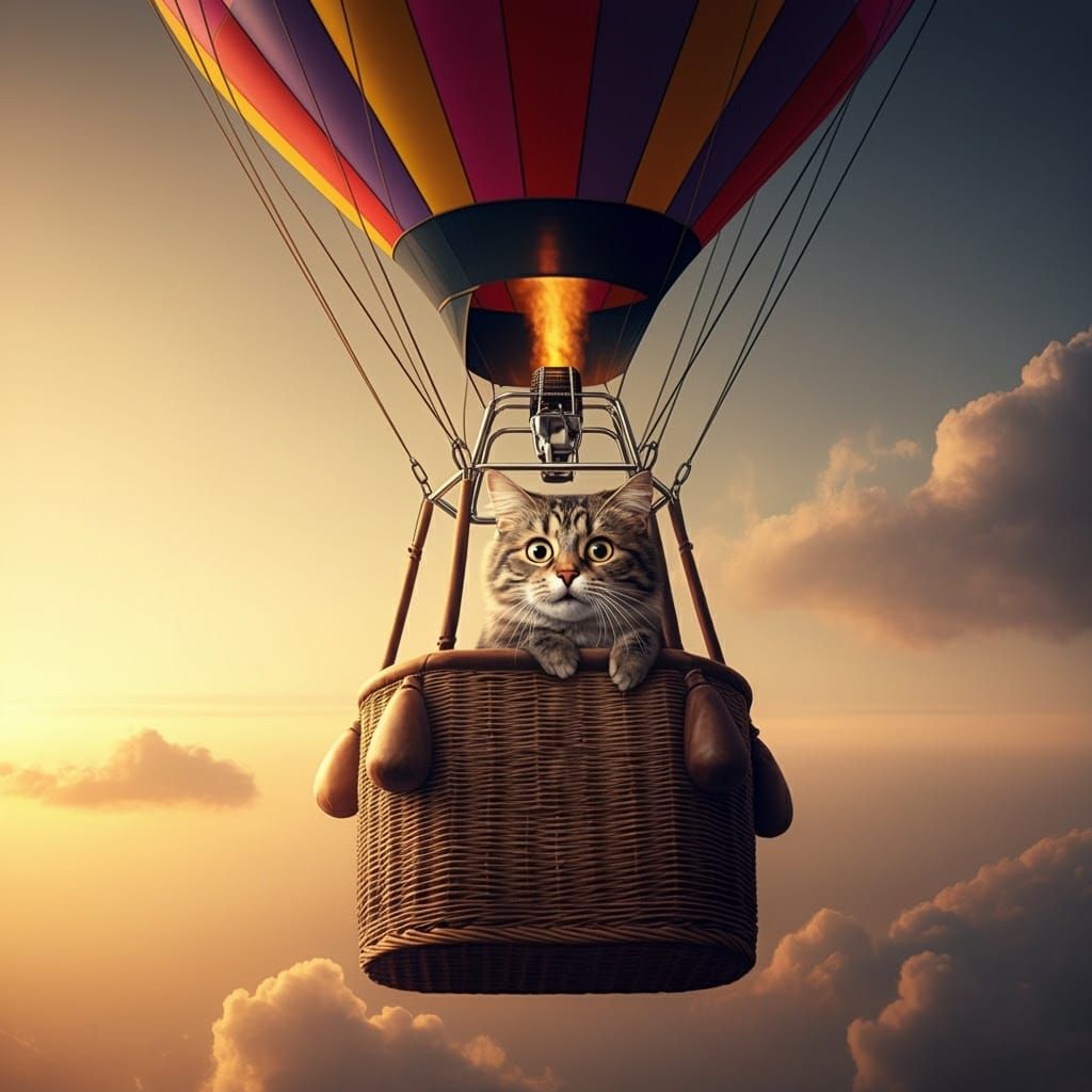 Frightened Cat Soars Above in Vibrant Hot Air Balloon