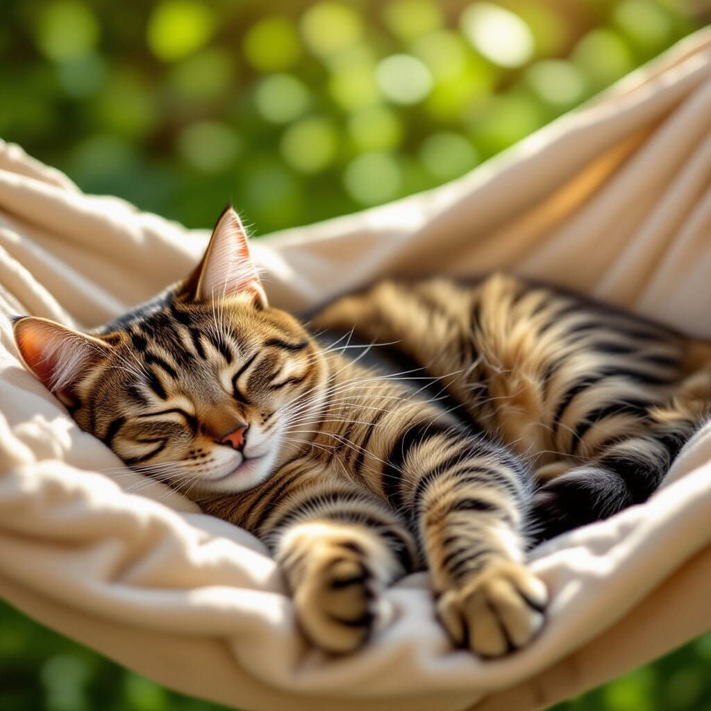 Tabby Cat Napping in Sun-Drenched Hammock