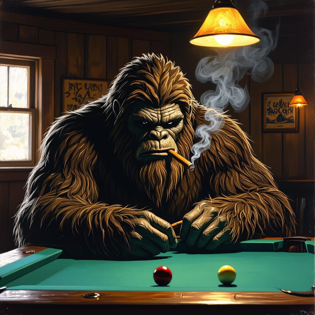 Bigfoot Plays Pool in Montana Bar, Gritty Photorealistic Sty...