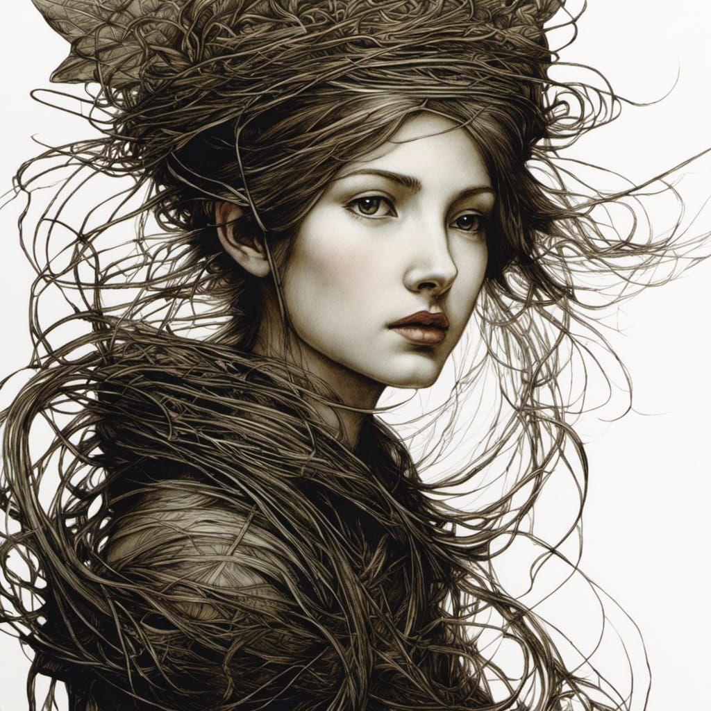 Nested Girl Illustration with Organic Crosshatching