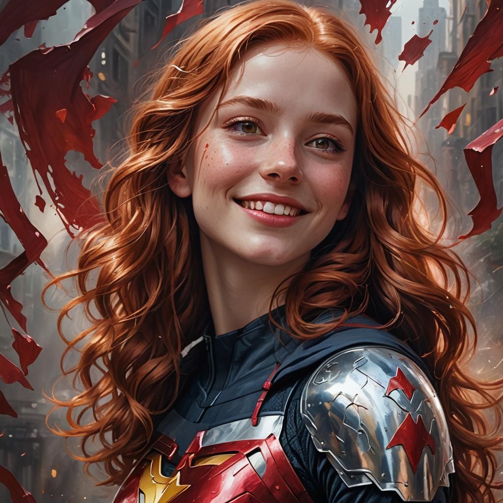 Hyperrealistic Portrait of a Red-Haired Superhero Girl