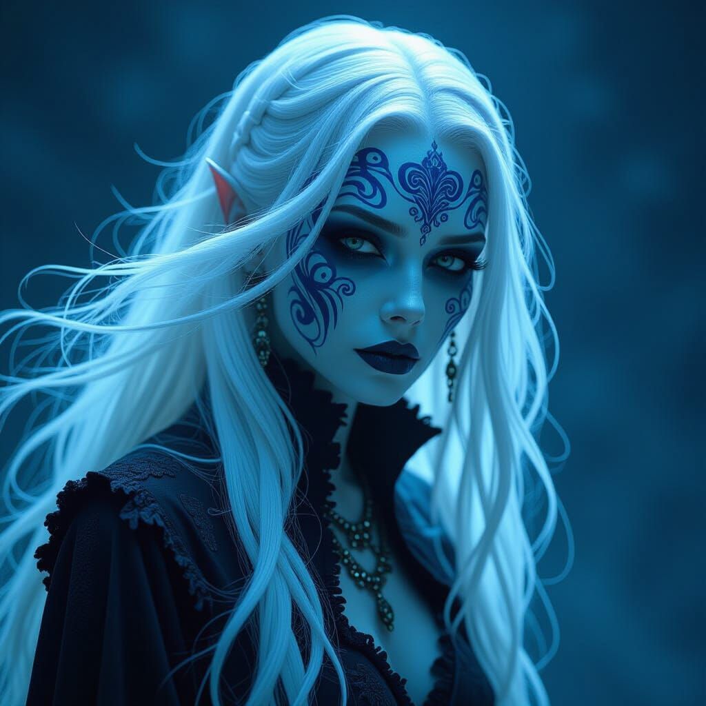 Spectral Banshee with Swirling Blue Tattoos in Gothic Style