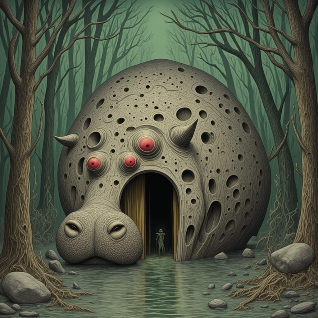 Bizarre Door in Hippopotamus River Scene