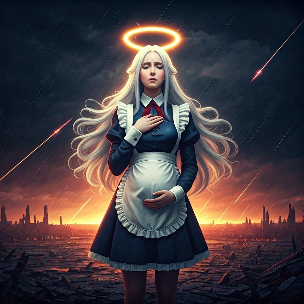 Hyperrealistic Angel Woman in War-Torn Landscape with Holy H...