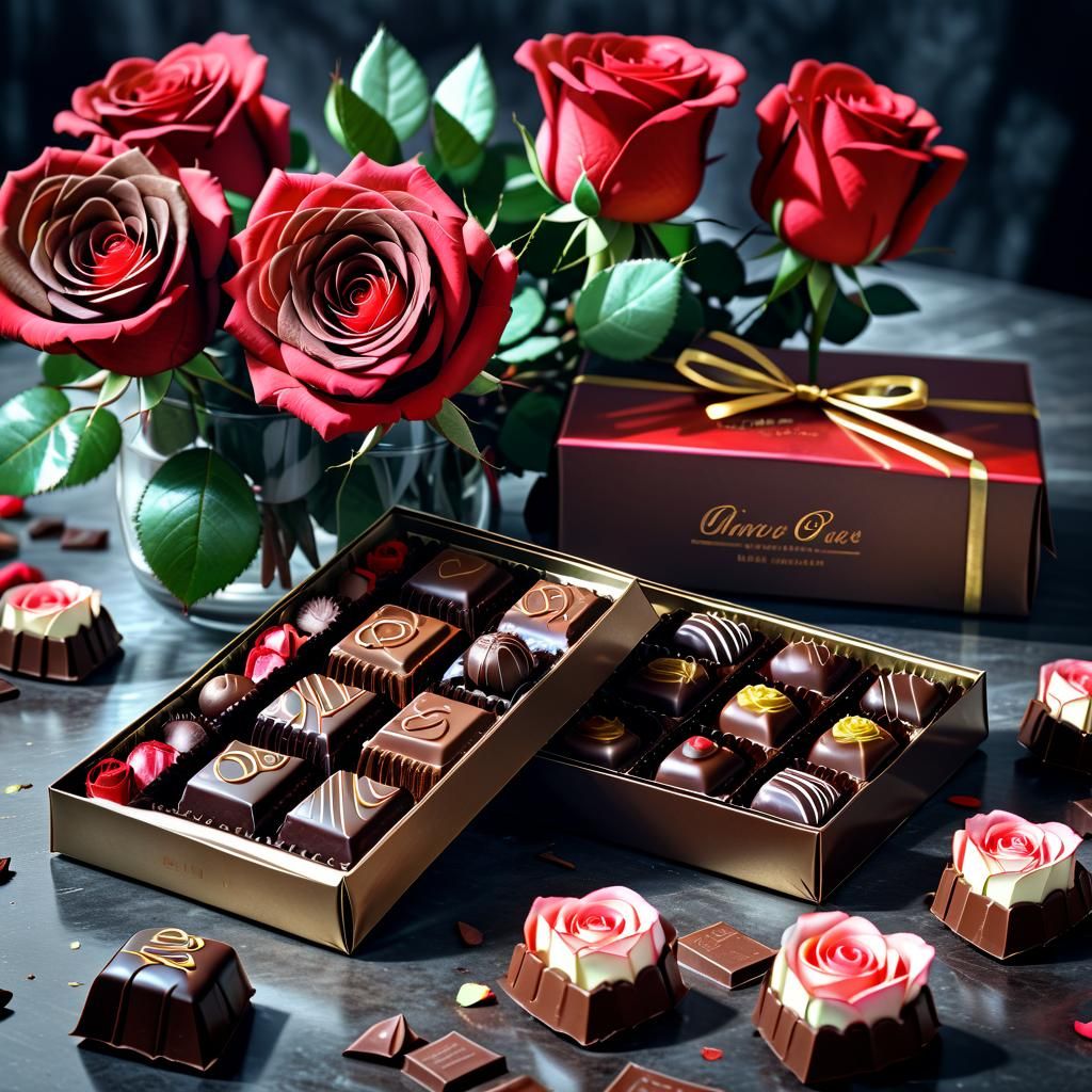 Hyperrealistic Chocolates and Roses in High Contrast